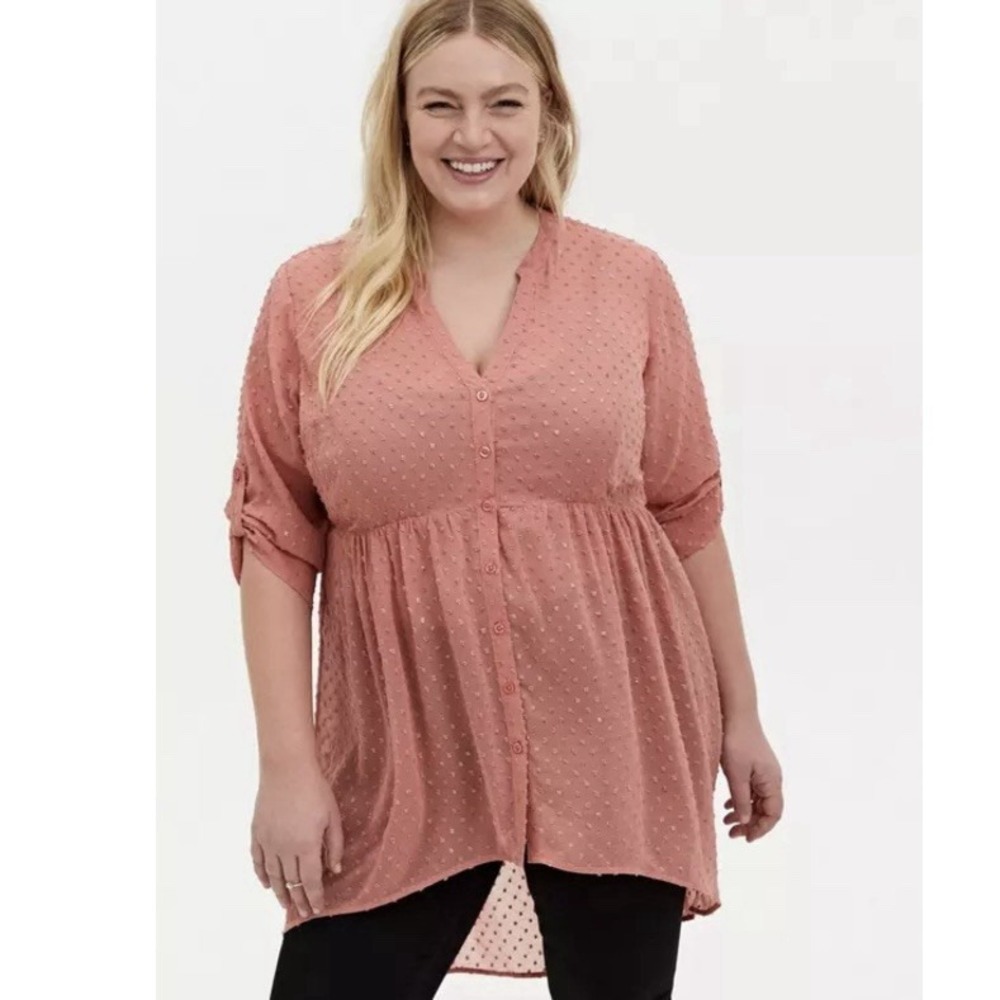 Torrid Coral Lexie Babydoll Sheer Chiffon Clip Dot Hi Low Tunic Blouse Size 1X
